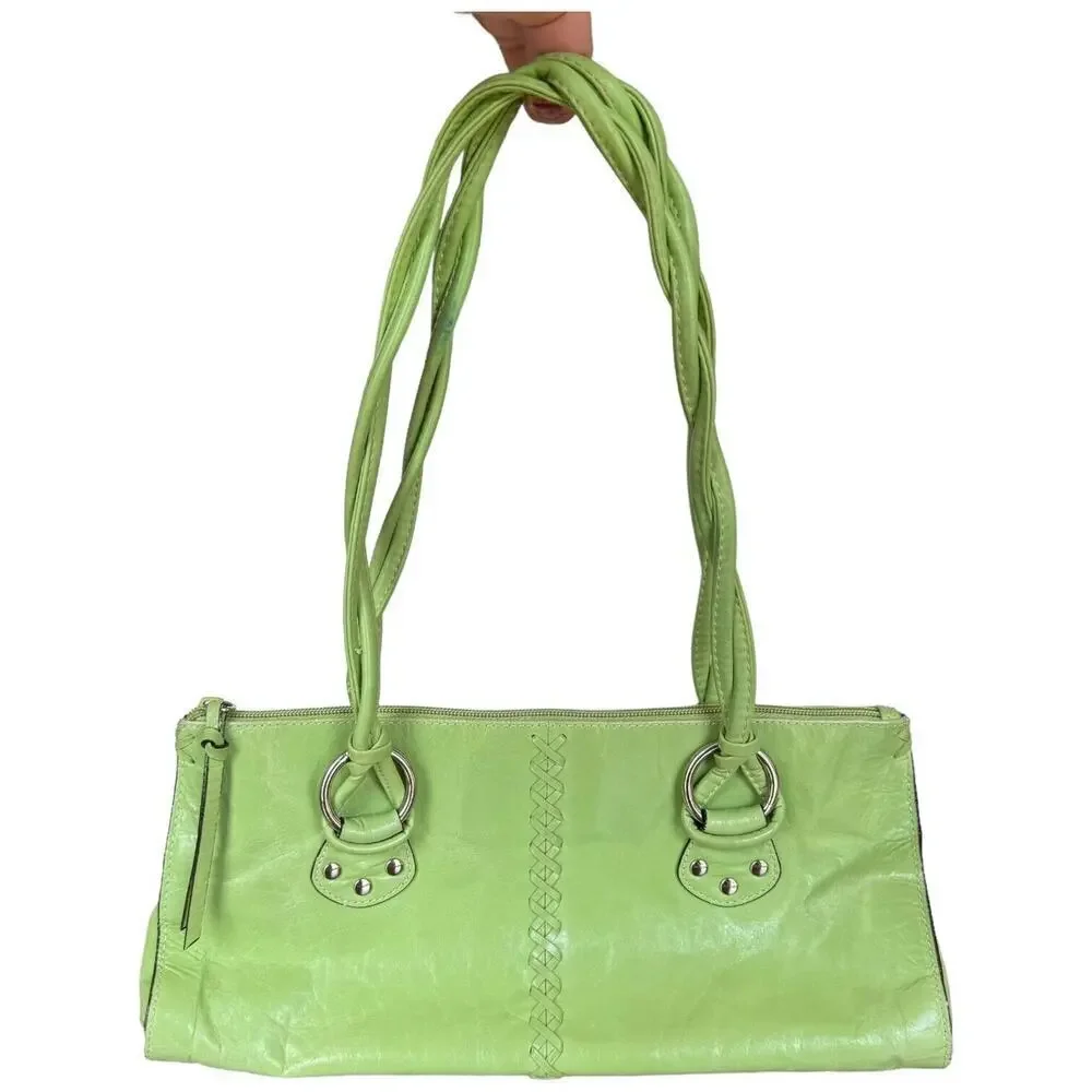 Peck & Peck Womens Satchel Handbag Green Leather Dual Handle Inner Pockets Zip